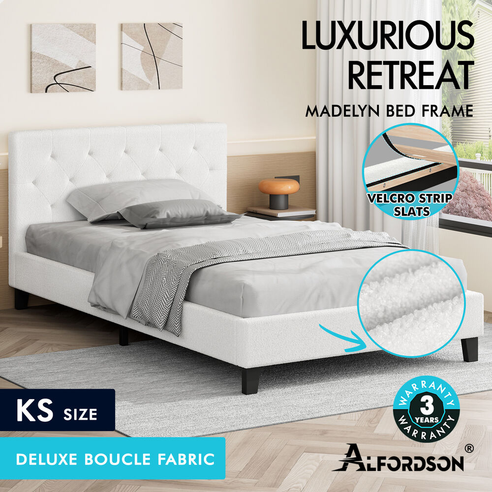 ALFORDSON Bed Frame Queen Double King Single Wooden Base Platform White Boucle - Picture 27 of 62