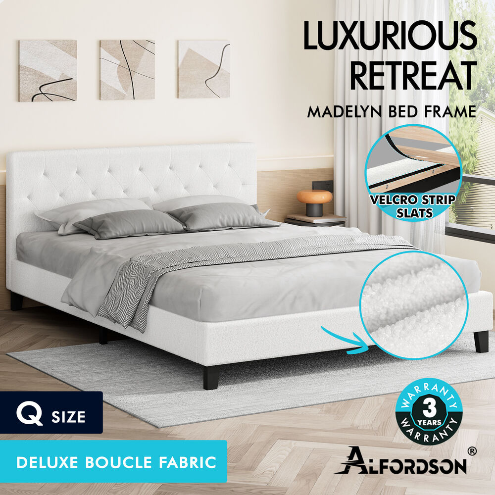 ALFORDSON Bed Frame Queen Double King Single Wooden Base Platform White Boucle - Picture 39 of 62