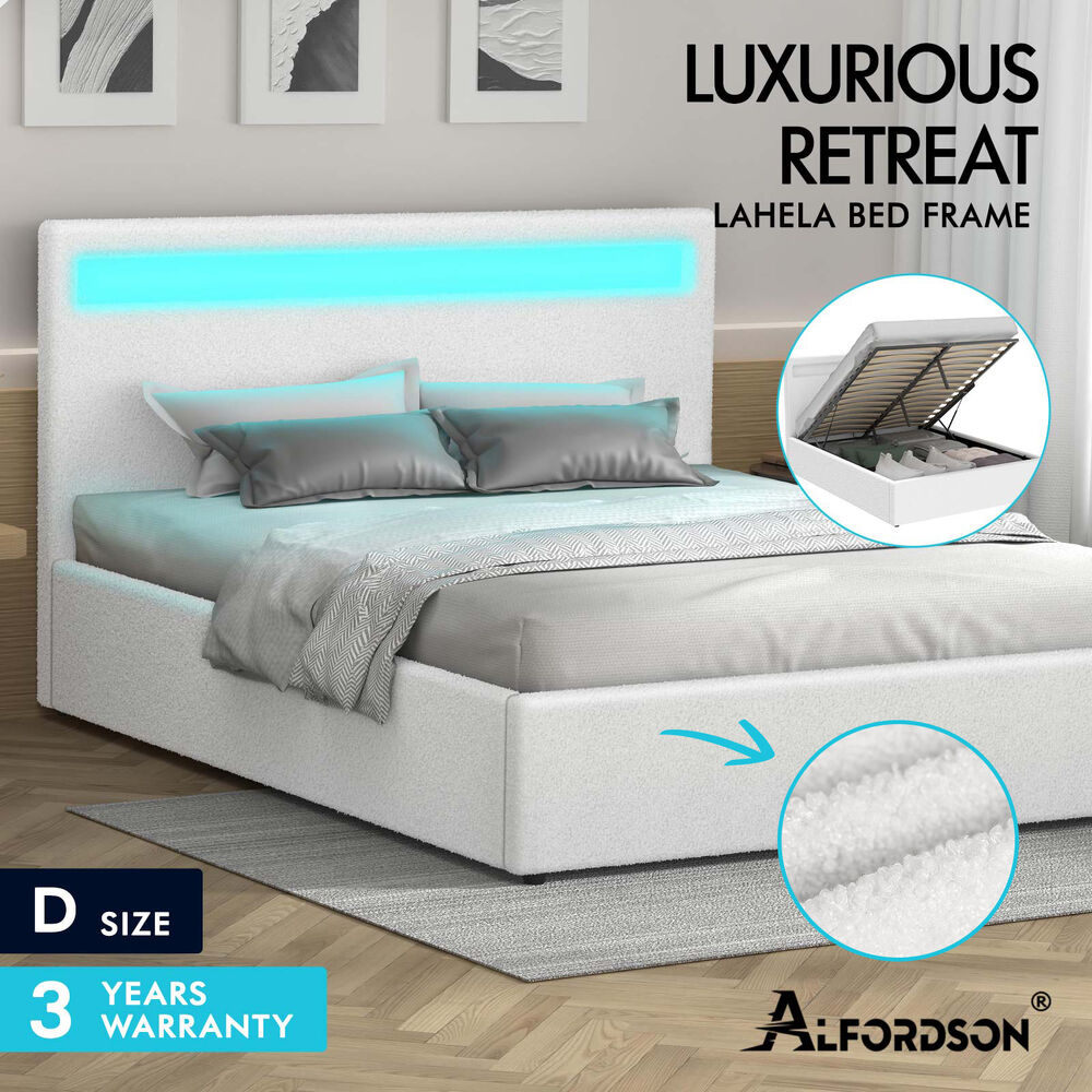 ALFORDSON Bed Frame Double Queen King RGB LED Gas Lift Storage Base Boucle - Picture 3 of 38