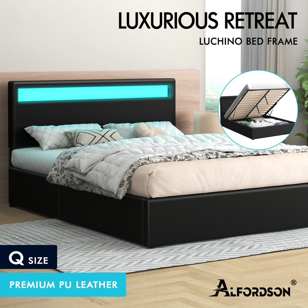 ALFORDSON Bed Frame Double Queen King RGB LED Gas Lift Storage Base Leather - Picture 1,034 of 1,903