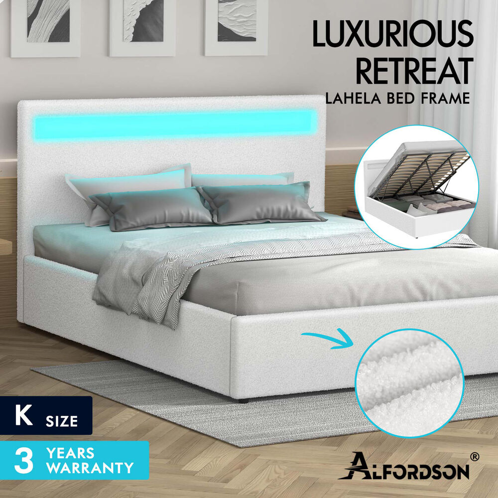 ALFORDSON Bed Frame Double Queen King RGB LED Gas Lift Storage Base Boucle - Picture 27 of 38