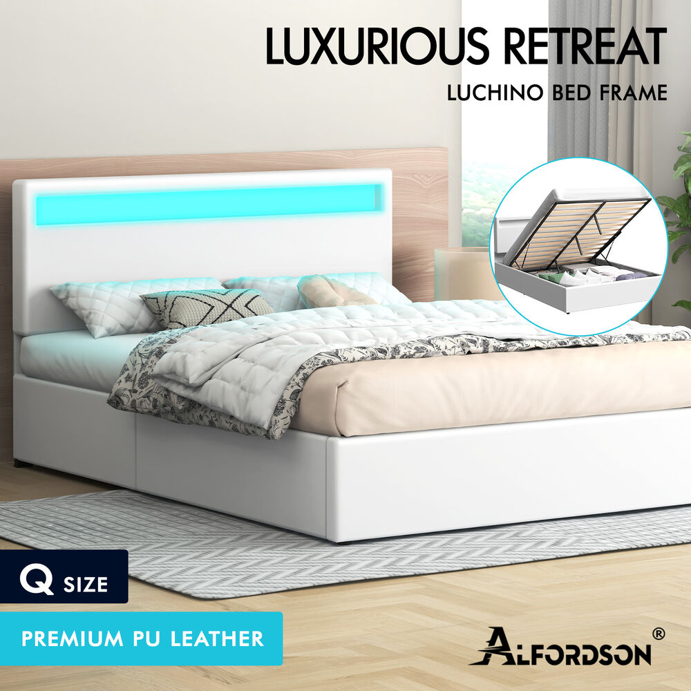 ALFORDSON Bed Frame Double Queen King RGB LED Gas Lift Storage Base Leather - Picture 1,070 of 1,903