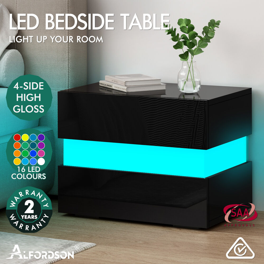 ALFORDSON Bedside Table RGB LED Nightstand 2/3 Drawers 4 Side High Gloss - Picture 25 of 111
