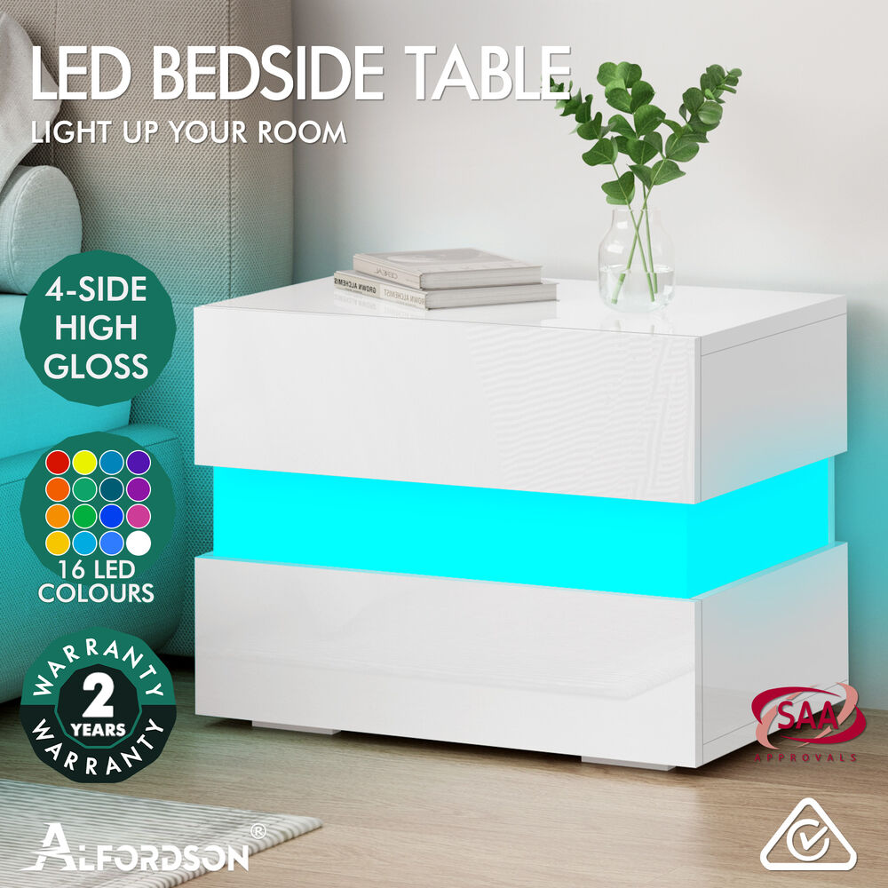 ALFORDSON Bedside Table RGB LED Nightstand 2/3 Drawers 4 Side High Gloss - Picture 36 of 111