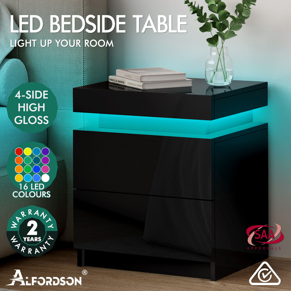 ALFORDSON Bedside Table RGB LED Nightstand 2/3 Drawers 4 Side High Gloss - Picture 47 of 111