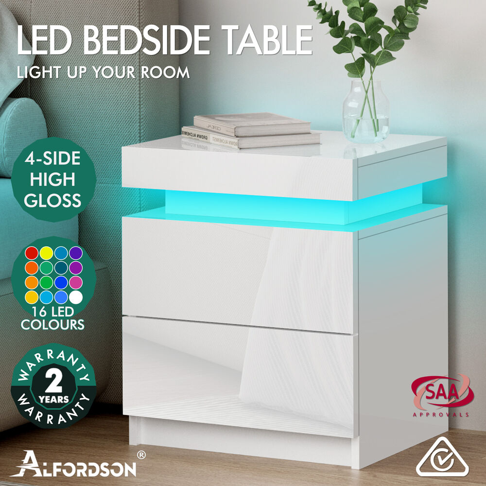 ALFORDSON Bedside Table RGB LED Nightstand 2/3 Drawers 4 Side High Gloss - Picture 57 of 111