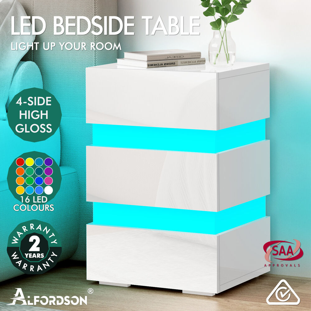 ALFORDSON Bedside Table RGB LED Nightstand 2/3 Drawers 4 Side High Gloss - Picture 14 of 111