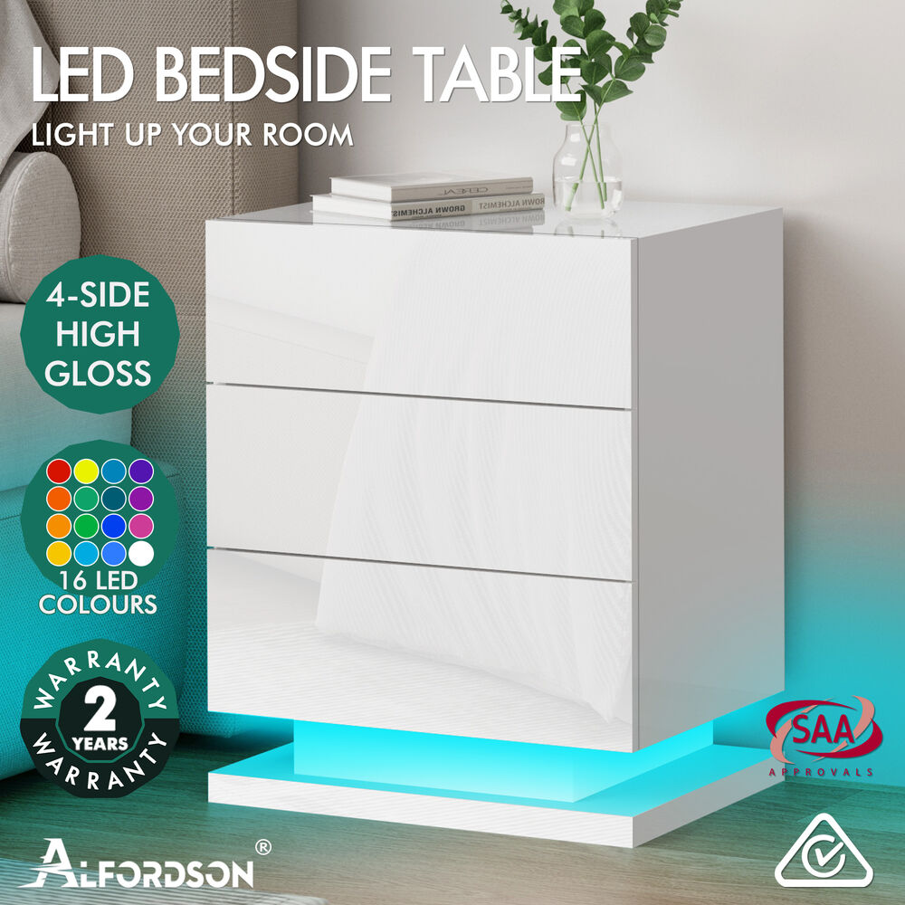 ALFORDSON Bedside Table RGB LED Nightstand 2/3 Drawers 4 Side High Gloss - Picture 101 of 111