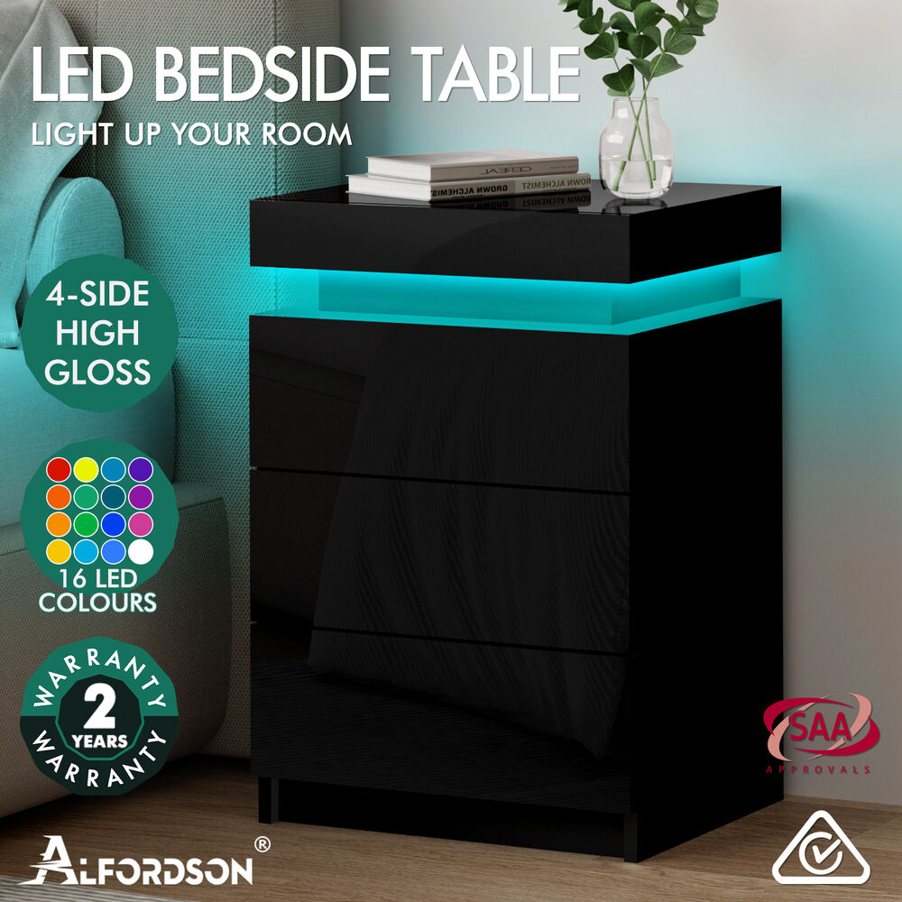 ALFORDSON Bedside Table RGB LED Nightstand 2/3 Drawers 4 Side High Gloss - Picture 68 of 111