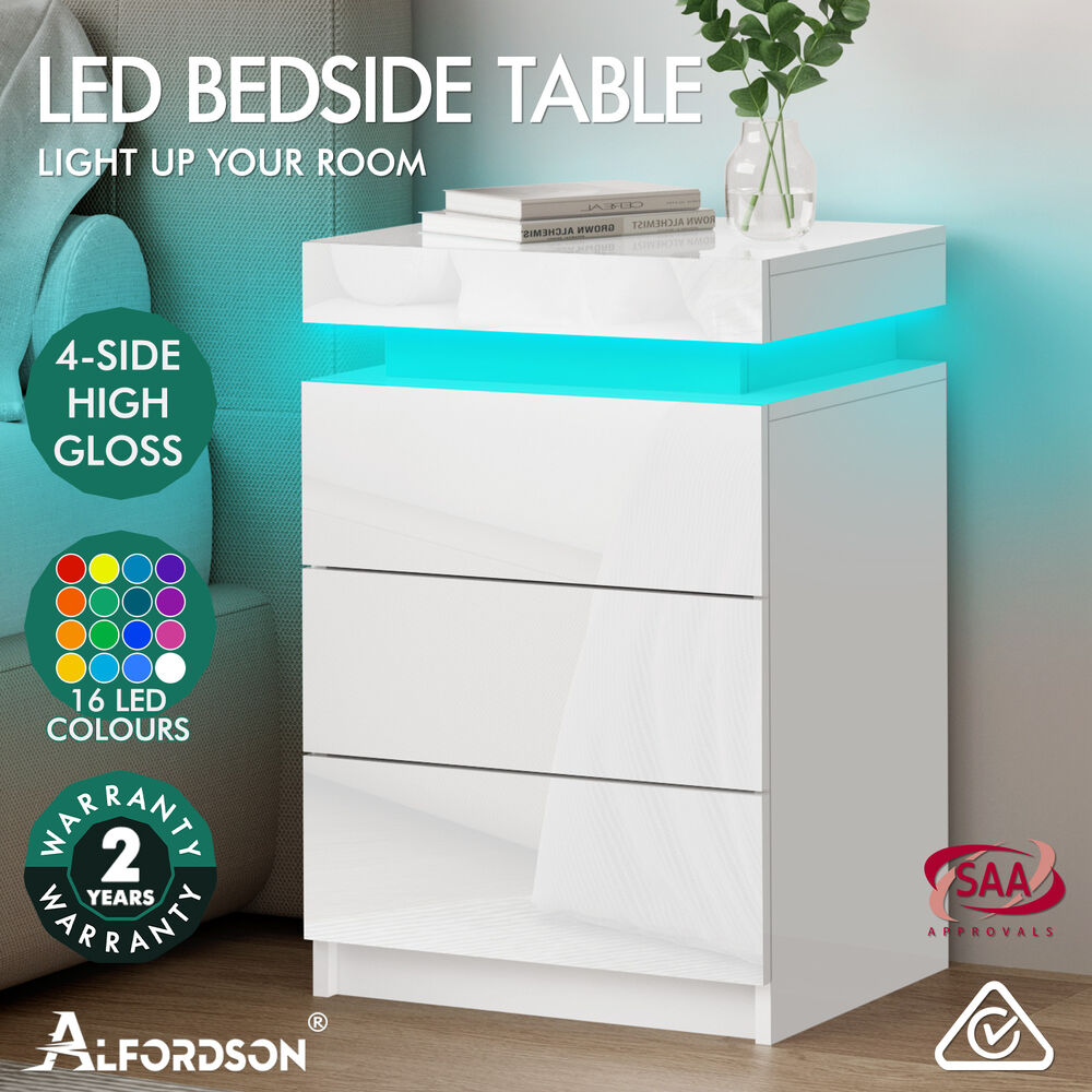 ALFORDSON Bedside Table RGB LED Nightstand 2/3 Drawers 4 Side High Gloss - Picture 79 of 111