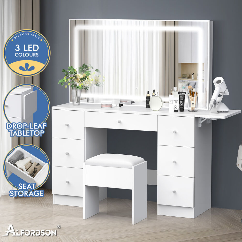 ALFORDSON Dressing Table Stool Set Makeup Mirror LED Vanity Desk 7 Drawers - Picture 11 of 34