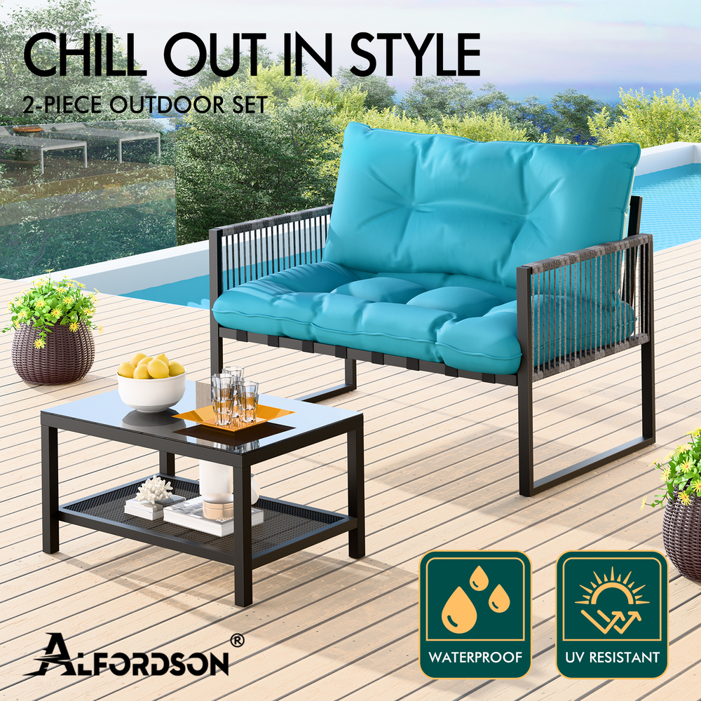 ALFORDSON 2PCS Outdoor Lounge Sofa Set Wicker Furniture Table and Chairs Garden - Picture 12 of 55