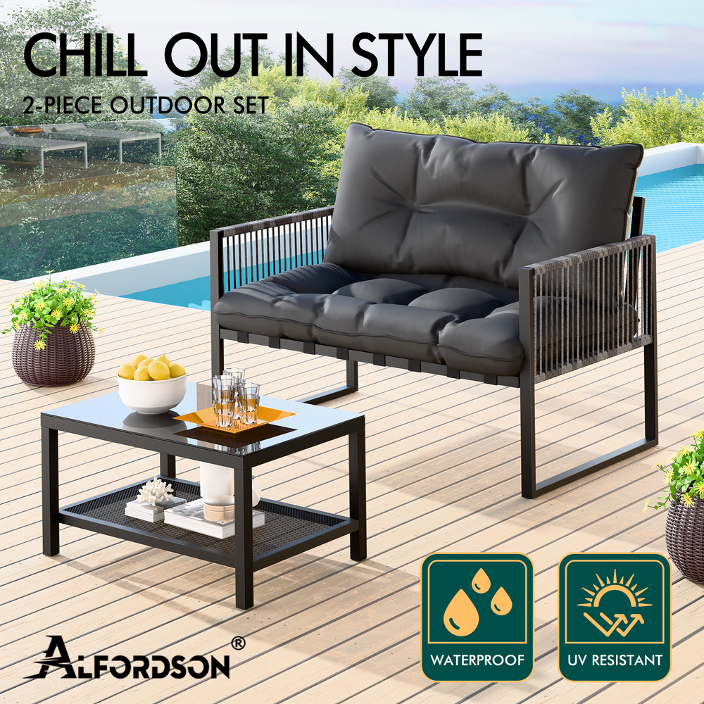 ALFORDSON 2PCS Outdoor Lounge Sofa Set Wicker Furniture Table and Chairs Garden - Picture 23 of 55