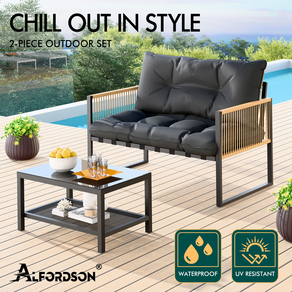 ALFORDSON 2PCS Outdoor Lounge Sofa Set Wicker Furniture Table and Chairs Garden - Picture 34 of 55