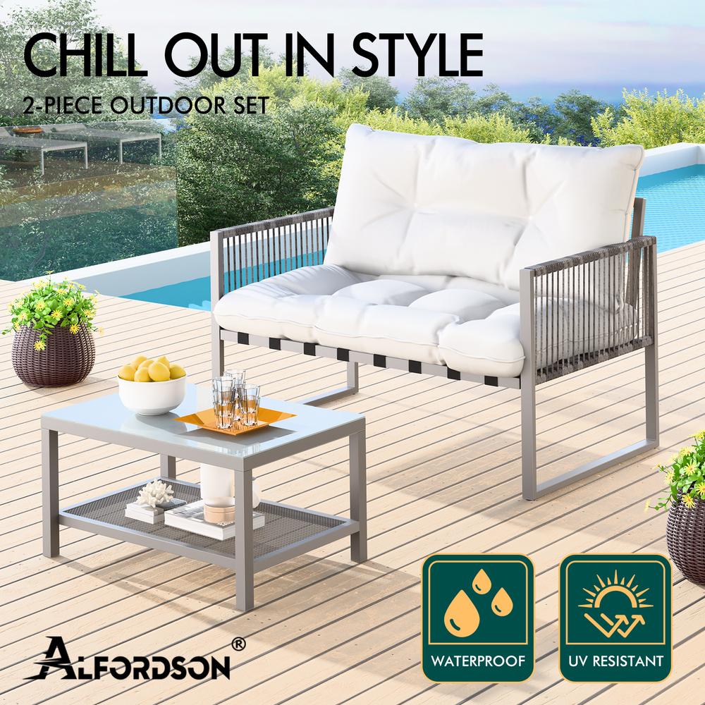 ALFORDSON 2PCS Outdoor Lounge Sofa Set Wicker Furniture Table and Chairs Garden - Picture 45 of 55