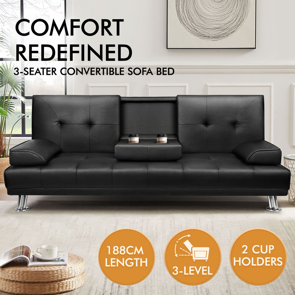 ALFORDSON Sofa Bed Lounge 3 Seater Futon Couch Beds Recliner Cup Holder - Picture 16 of 27