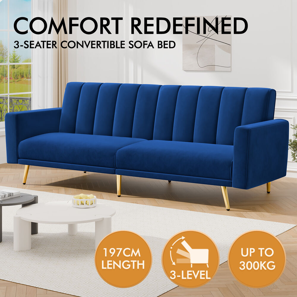 ALFORDSON Sofa Bed Futon Couch 3 Seater Lounge Chair Convertible Velvet - Picture 4 of 39
