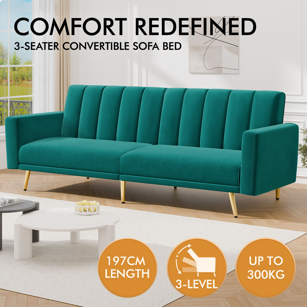 ALFORDSON Sofa Bed Futon Couch 3 Seater Lounge Chair Convertible Velvet - Picture 28 of 39