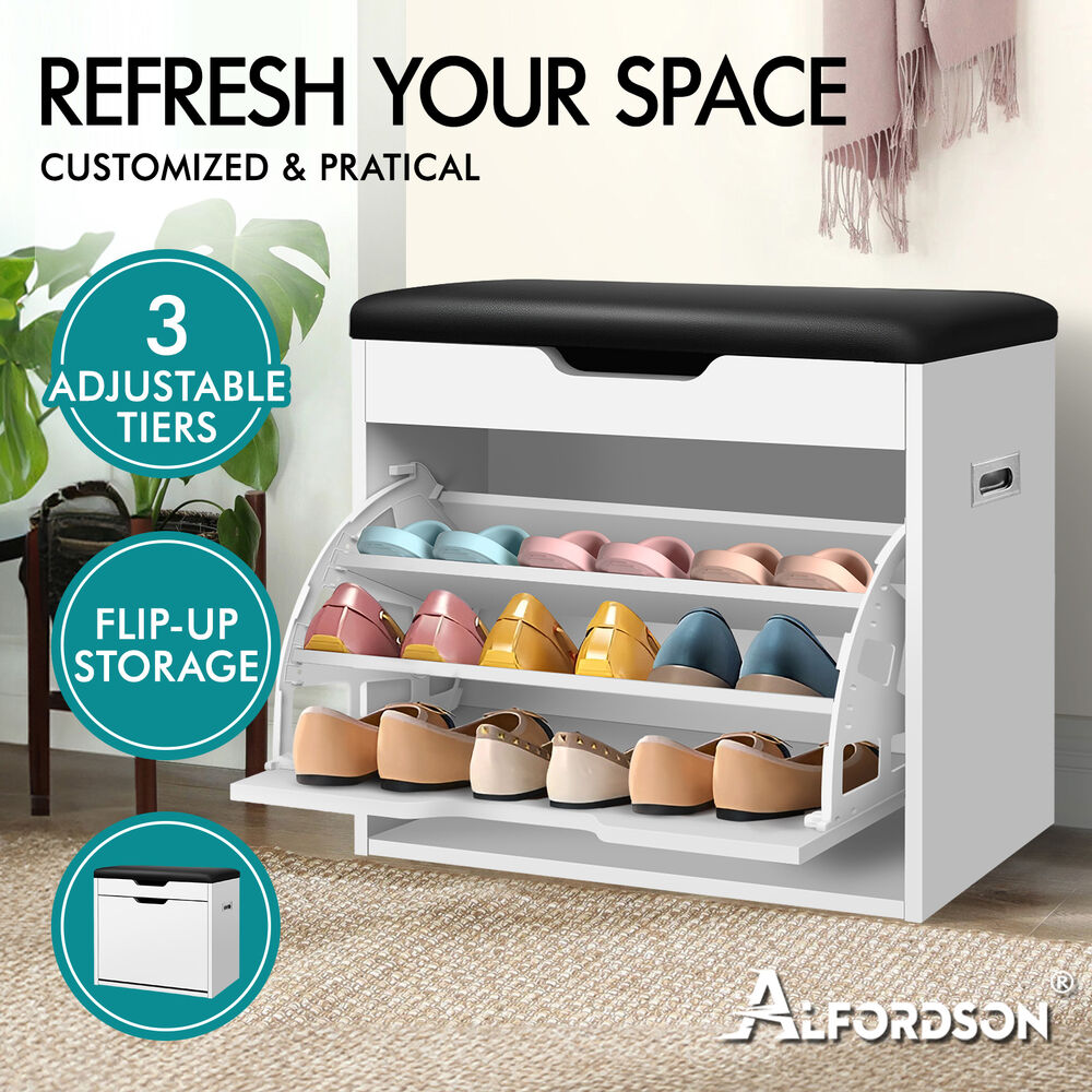 ALFORDSON Shoe Cabinet Bench Storage Rack Organiser Shelf 12/18 Pairs White - Picture 33 of 77