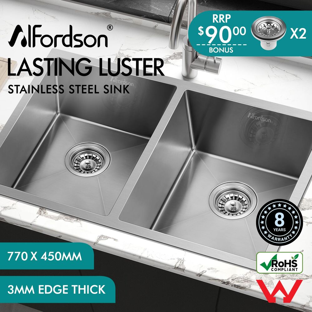 ALFORDSON Kitchen Sink Basin Stainless Steel Top Flush Under Mount Double Bowl - Picture 4 of 69
