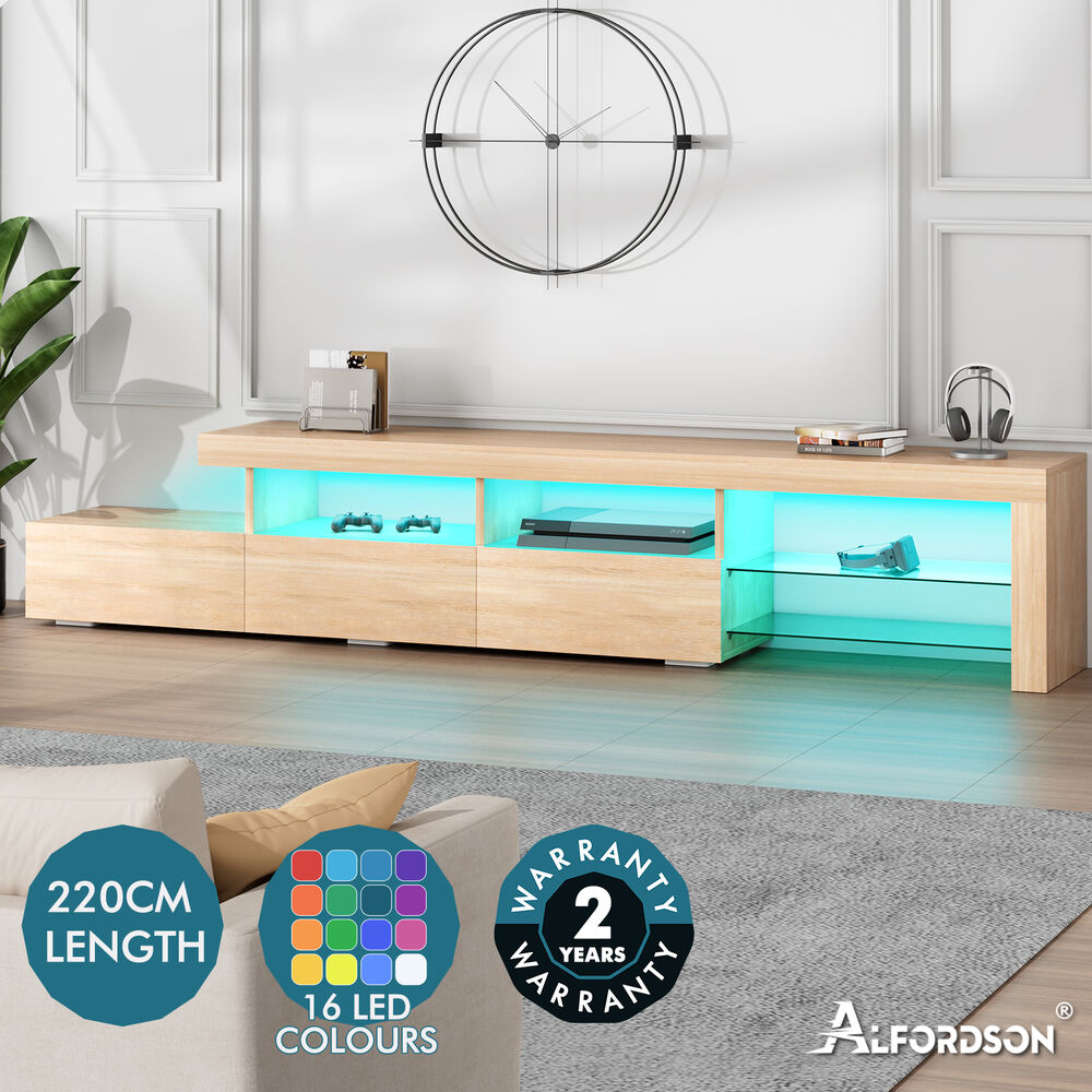 ALFORDSON Entertainment Unit 220cm TV Cabinet Stand LED Lights Gloss Storage - Picture 25 of 48