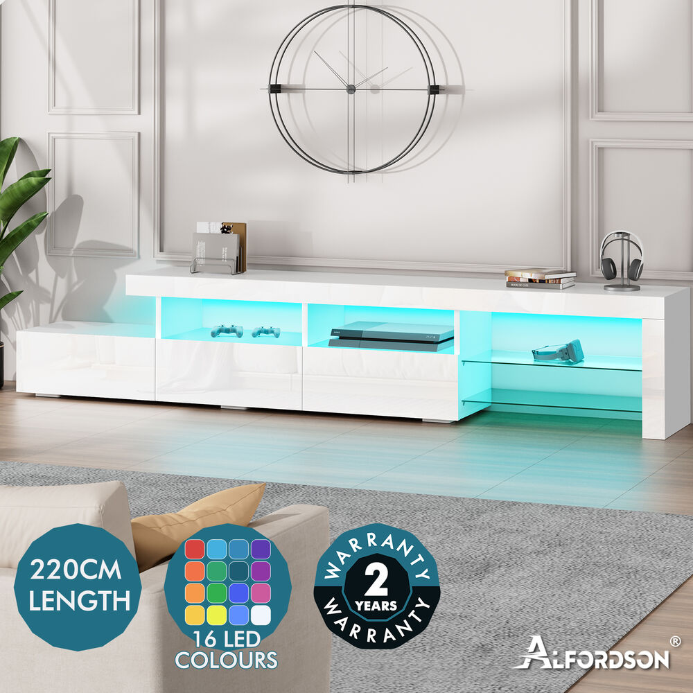 ALFORDSON Entertainment Unit 220cm TV Cabinet Stand LED Lights Gloss Storage - Picture 37 of 48