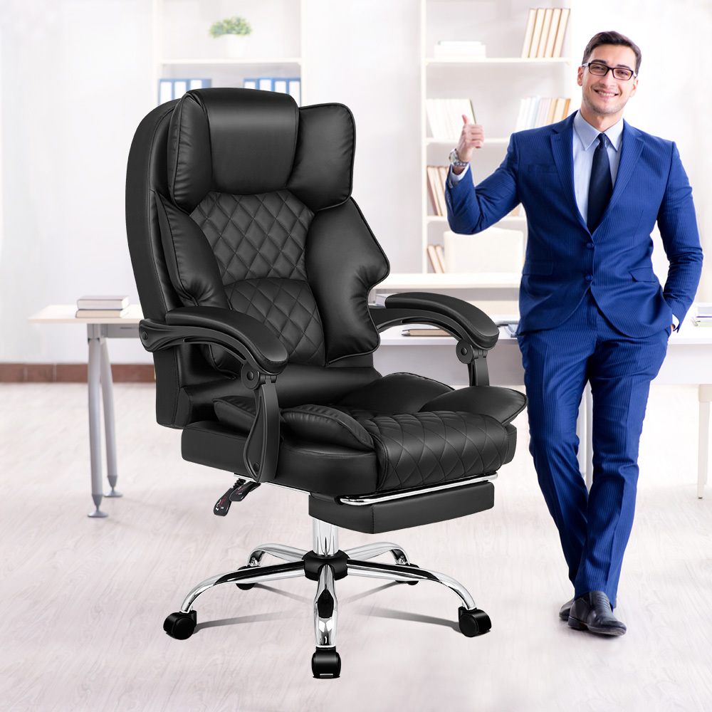 ALFORDSON Office Chair with Footrest PU Leather Executive Computer Racer  Seat Recliner Black - Alfordson