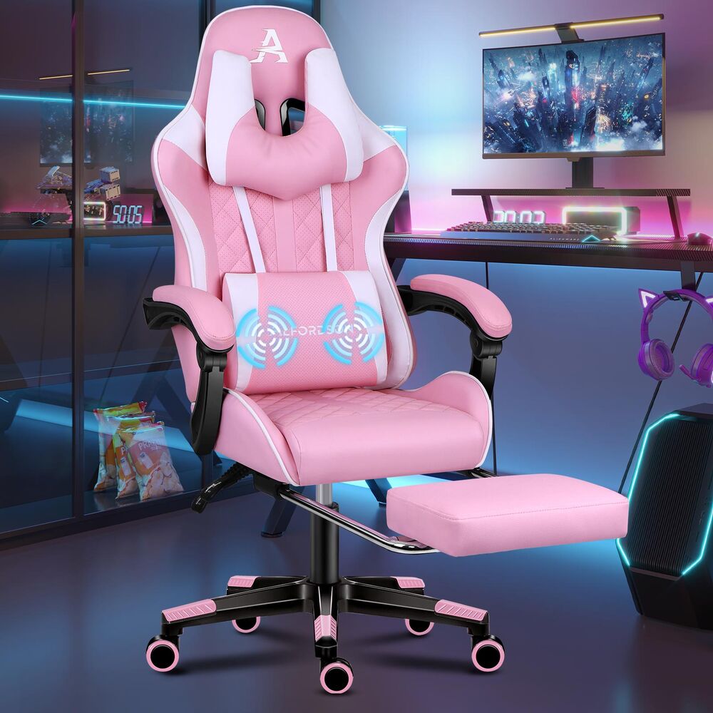 ALFORDSON Gaming Chair Office Racer Large Lumbar Cushion Footrest Seat Leather Alfordson