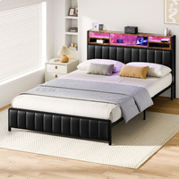 ALFORDSON Bed Frame Double LED Charging Station Leather Black Mattress Base