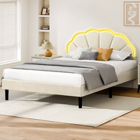 ALFORDSON Bed Frame Double Size LED Adjustable Headboard Velvet Beige Platform
