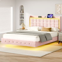 ALFORDSON Bed Frame Floating Queen Size LED Charging Station Storage Velvet Pink
