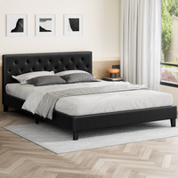 ALFORDSON Bed Frame Queen Size Wooden Base Platform Leather Black MADELYN