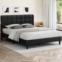 ALFORDSON Bed Frame Queen Size Upholstered Wingback Base Black Leather SARAH
