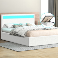 ALFORDSON Bed Frame Queen Size RGB LED Gas Lift Storage Base Boucle LUCHINO