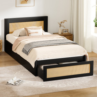 ALFORDSON Wooden Bed Frame King Single Rattan Bed Base with Storage Drawer Black