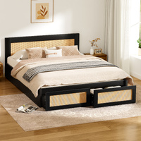 ALFORDSON Wooden Bed Frame Queen Size Rattan Bed Base with Storage Drawers Black