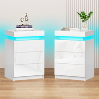 Alfordson 2x Bedside Table LED Nightstand 3 Drawers High Gloss White