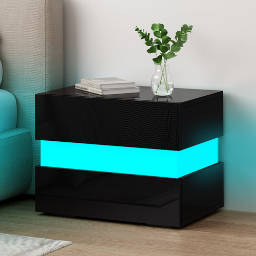 ALFORDSON Bedside Table RGB LED Nightstand 2 Drawers 4 Side High Gloss Black