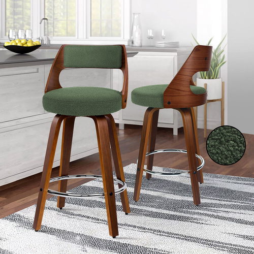 ALFORDSON 2x Swivel Bar Stools 65cm Kitchen Wooden Dining Chair Boucle Green