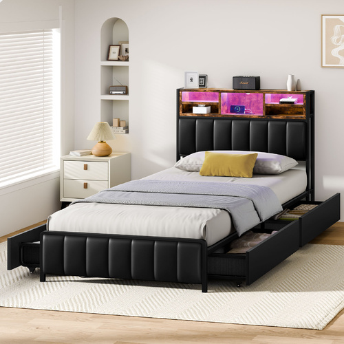 ALFORDSON Bed Frame King Single LED Charging Station Storage Drawers Leather