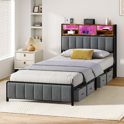ALFORDSON Bed Frame King Single Size LED Charging Station Linen Grey Platform