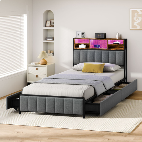 ALFORDSON Bed Frame King Single LED Charging Station Storage Drawers Linen Grey