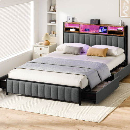 ALFORDSON Bed Frame Queen Size LED Charging Station Storage Drawers Linen Grey