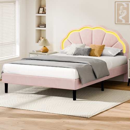 ALFORDSON Bed Frame Double Size LED Adjustable Headboard Velvet Pink Platform