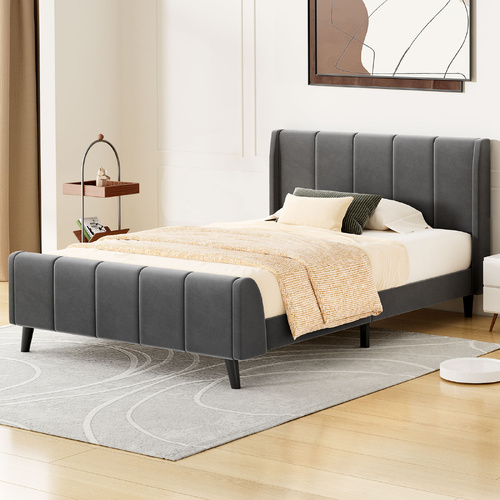 ALFORDSON Bed Frame King Single Tufted Headboard Base Grey Velvet HUNDOLF