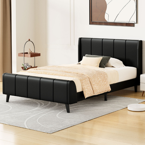 ALFORDSON Bed Frame Single Size Tufted Headboard Base Black Leather HUNDOLF