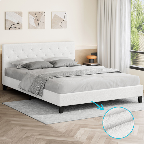 ALFORDSON Bed Frame Queen Size Wooden Base Platform White Boucle MADELYN