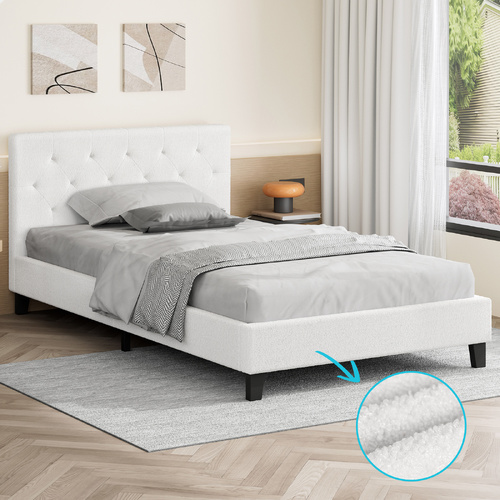 ALFORDSON Bed Frame Single Size Wooden Base Platform White Boucle MADELYN