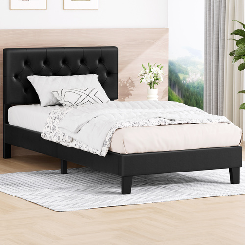 ALFORDSON Bed Frame Single Size Tufted Headboard Modern Leather Black Meduna