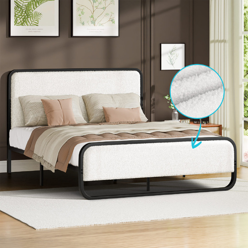 ALFORDSON Metal Bed Frame King Upholstered Headboard Boucle White Platform